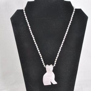 Lee Sands Rose Quartz Carved Cat 20" Necklace Made in Hawaii